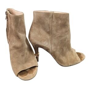 COACH Suede Peep Toe Ankle Booties‎ Taupe Gold Accent Heel Zip Size 8.5B